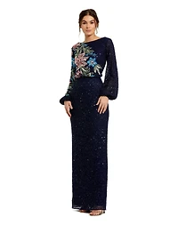 Mac Duggal Women's High Neck Blouson Sleeve Sequin Gown