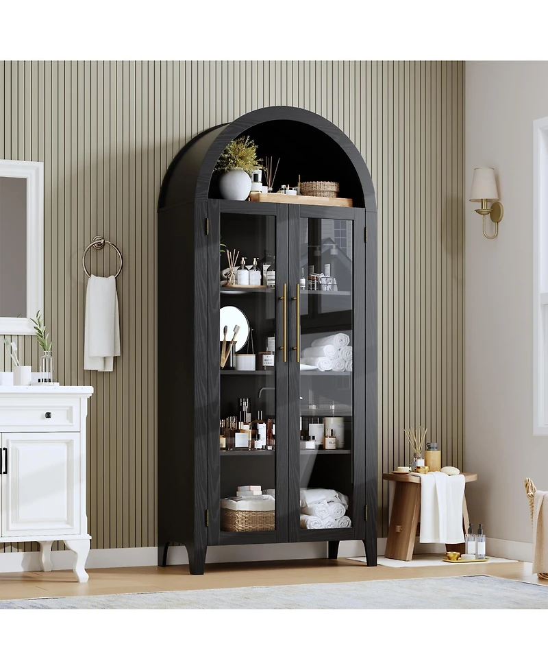 homfan Farmhouse 5-Tier Arched Pantry Cabinet, Display Shelf with Two Glass Doors and Adjustable Shelving, Multi-use Cupboard for Kitchen