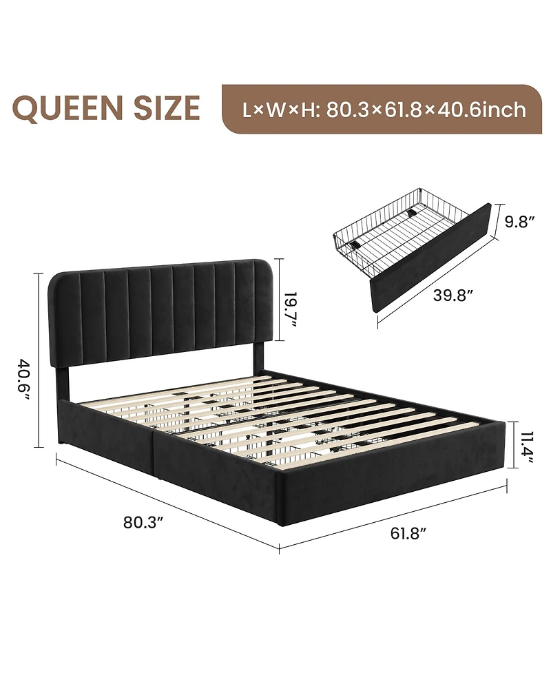 Velvetpholst Uered Platform Bed with 4 Drawers - Vertical Channel Tufted Headboard, Storage Frame, Wood, No Slats Spring, Modern Design Box