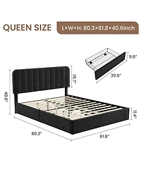 Velvetpholst Uered Platform Bed with 4 Drawers - Vertical Channel Tufted Headboard, Storage Frame, Wood, No Slats Spring, Modern Design Box