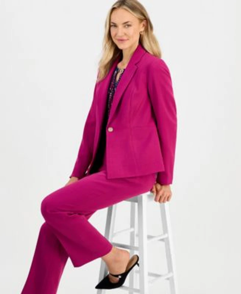 Kasper Womens Notch Lapel Single Breasted Jacket Printed Pleat Neck Sleeveless Top Ava Straight Leg Press Pleat Pants