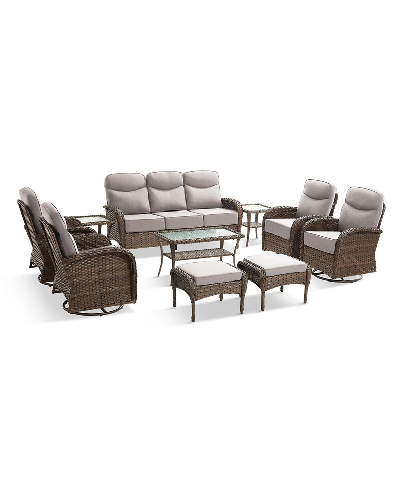 Pocassy Luxury Patio Furniture Set with Thick Cushion, Outdoor Couch and High Back Swivel Rocker Chairs, 10PCS Wicker Conversation
