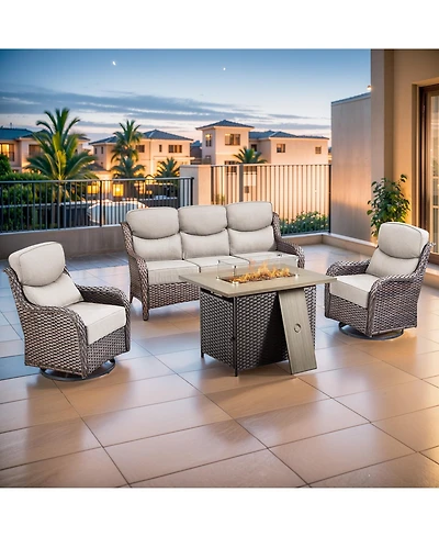 Pocassy 6-Piece Patio Set with High Back Swivel Chairs, 6 Cushions, Fire Pit Table, and Ottomans