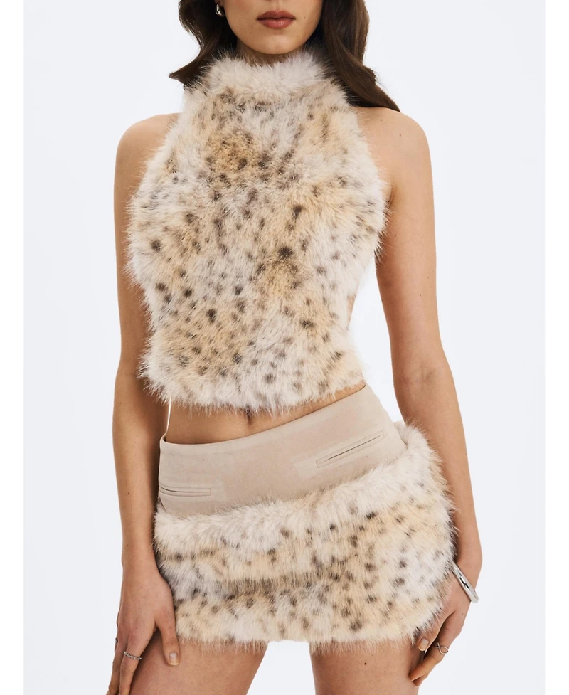 Miss Circle Women's Sasha Tan Cheetah Backless Contoured Fur Halter Top