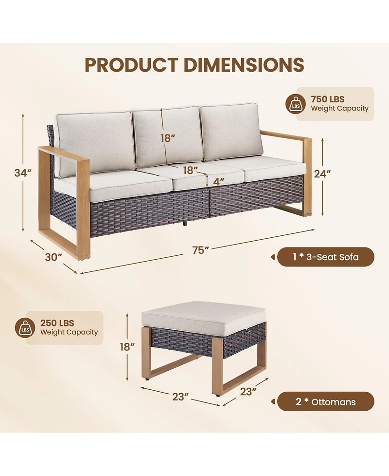 Pocassy 3 Pieces Patio Sofa with Ottomans, All-Weather Pe Rattan Wicker Small Conversation Couch Cushion