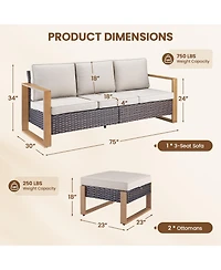 Pocassy 3 Pieces Patio Sofa with Ottomans, All-Weather Pe Rattan Wicker Small Conversation Couch Cushion