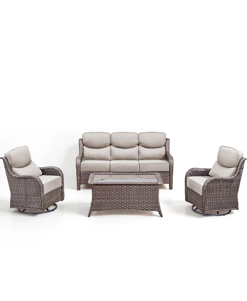 Pocassy High Back Patio Furniture Set with Swivel Chairs, Outdoor Wicker Conversation Sets 6" Comfy Cushions, 4 Piece Outside Sofa