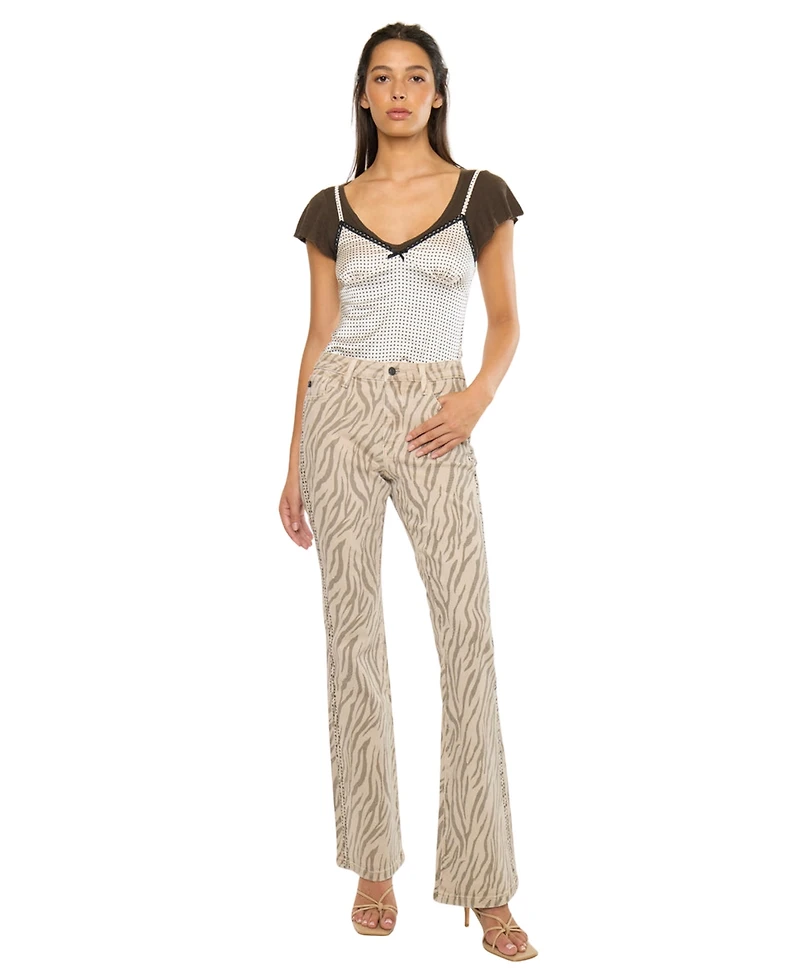KanCan Women's Usa Juniors' High Rise Zebra Print Flare Jeans