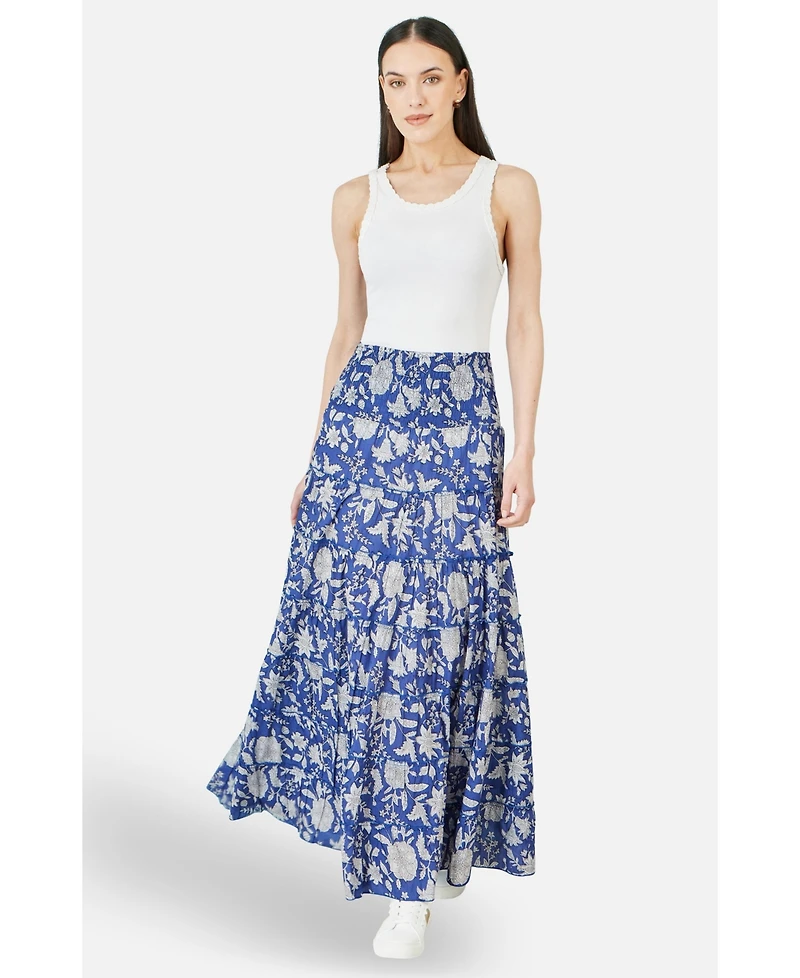 Yumi Women's Floral Cotton Tiered Maxi Skirt