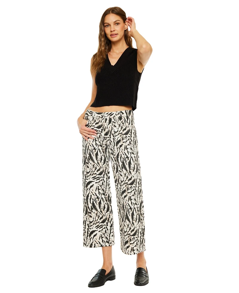 KanCan Women's Alonso Mid Rise Printed Crop Wide-Leg Jeans