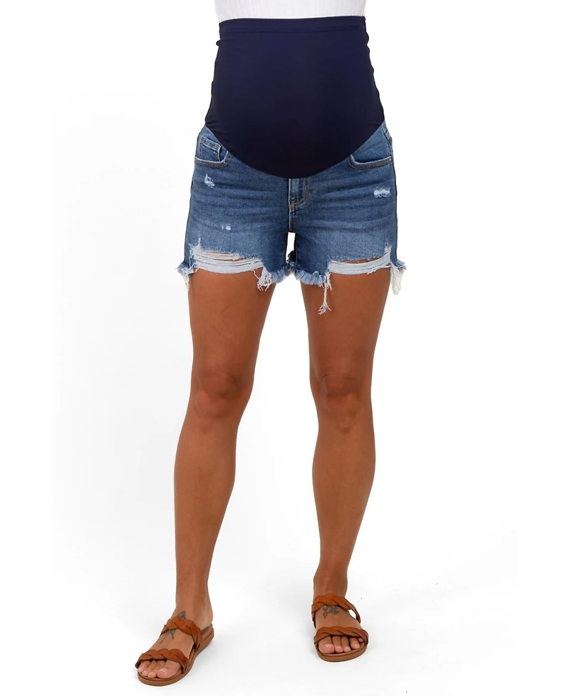 Pinkblush Maternity Navy Distressed Fringe Hem Denim Shorts