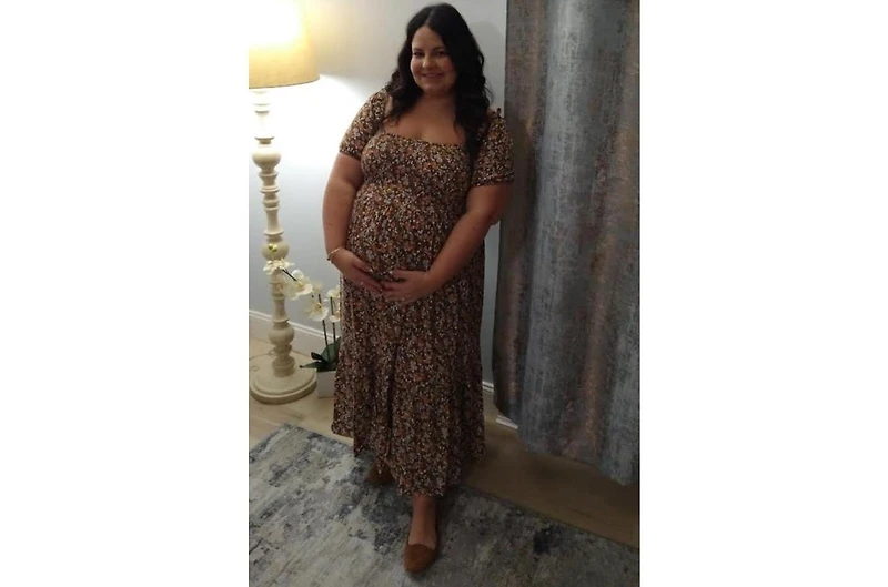 Pinkblush Maternity Taupe Floral Smocked Puff Sleeve Midi Dress