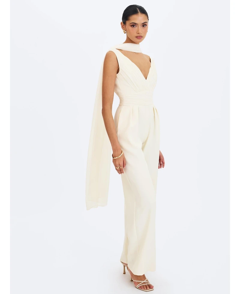 Miss Circle Women's Harper Ivory Ruched V-Neck Jumpsuit with Scarf