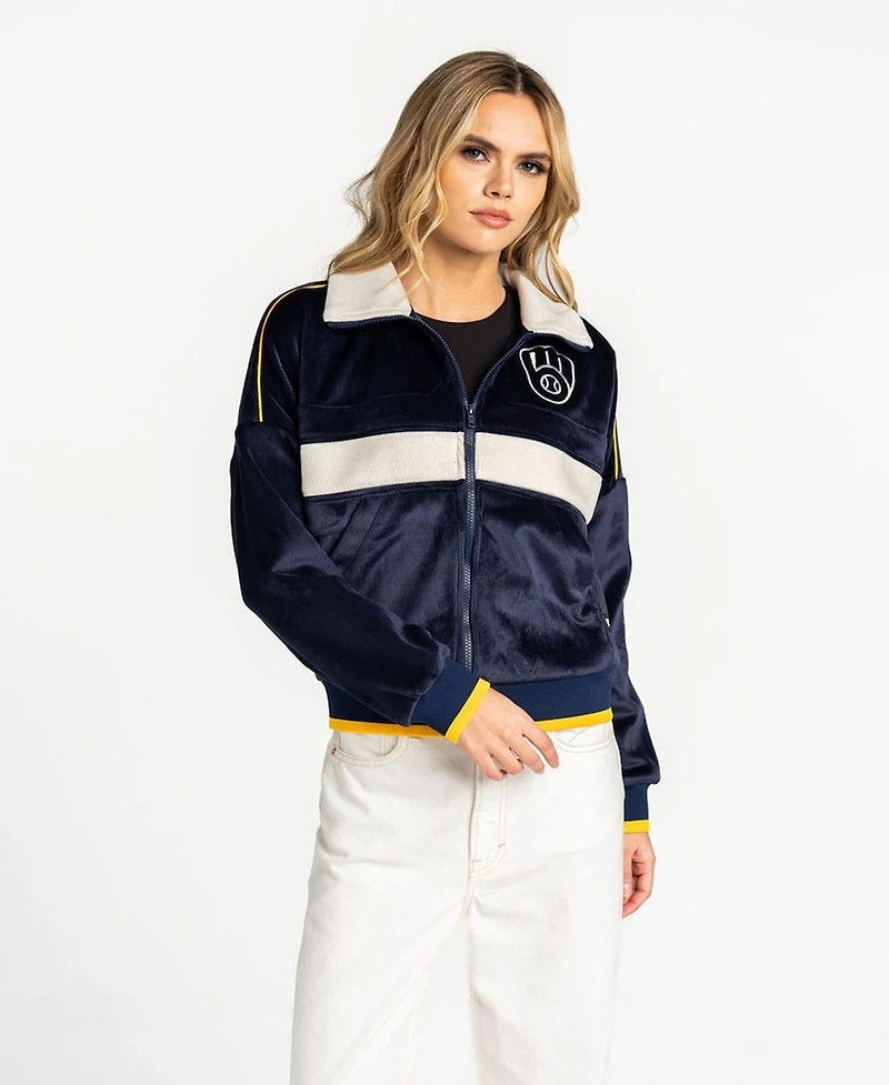 The Wild Collective Women's Navy Milwaukee Brewers Velvet Cord Full-Zip Jacket
