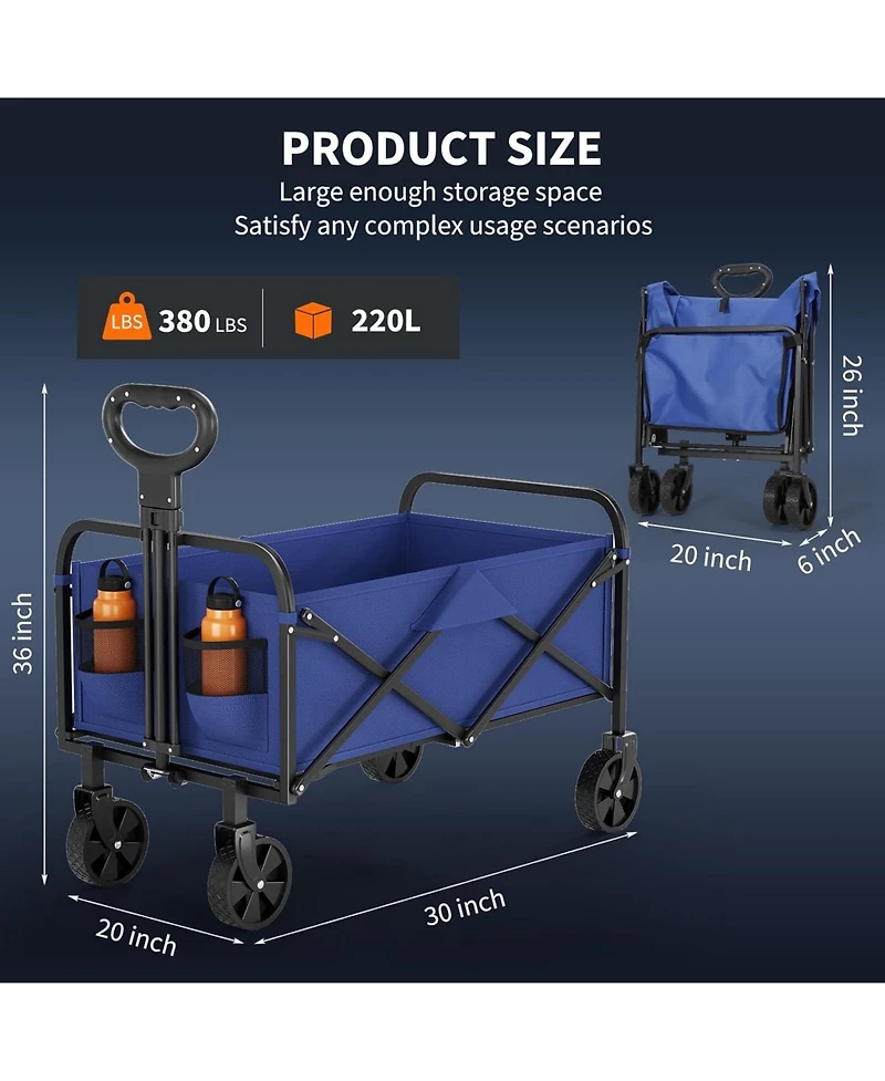 gaomon Collapsible Wagon with Wheels, Heavy-Duty 380 Lbs Foldable Utility Cart, 220L Capacity, Adjustable Handle for Grocery & Camping