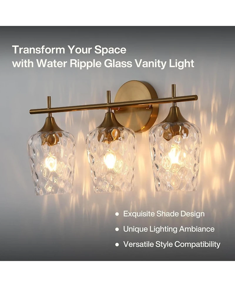 Tribesigns 3-Light Bathroom Vanity Light, Brushed Brass Vanity Light Fixtures Over Mirror with Water Ripple Clear Glass Shades