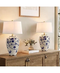 Tribesigns 27-Inch Table Lamp with Porcelain Ginger Jar, Embossed Floral Ceramic Base with Fabric Shade