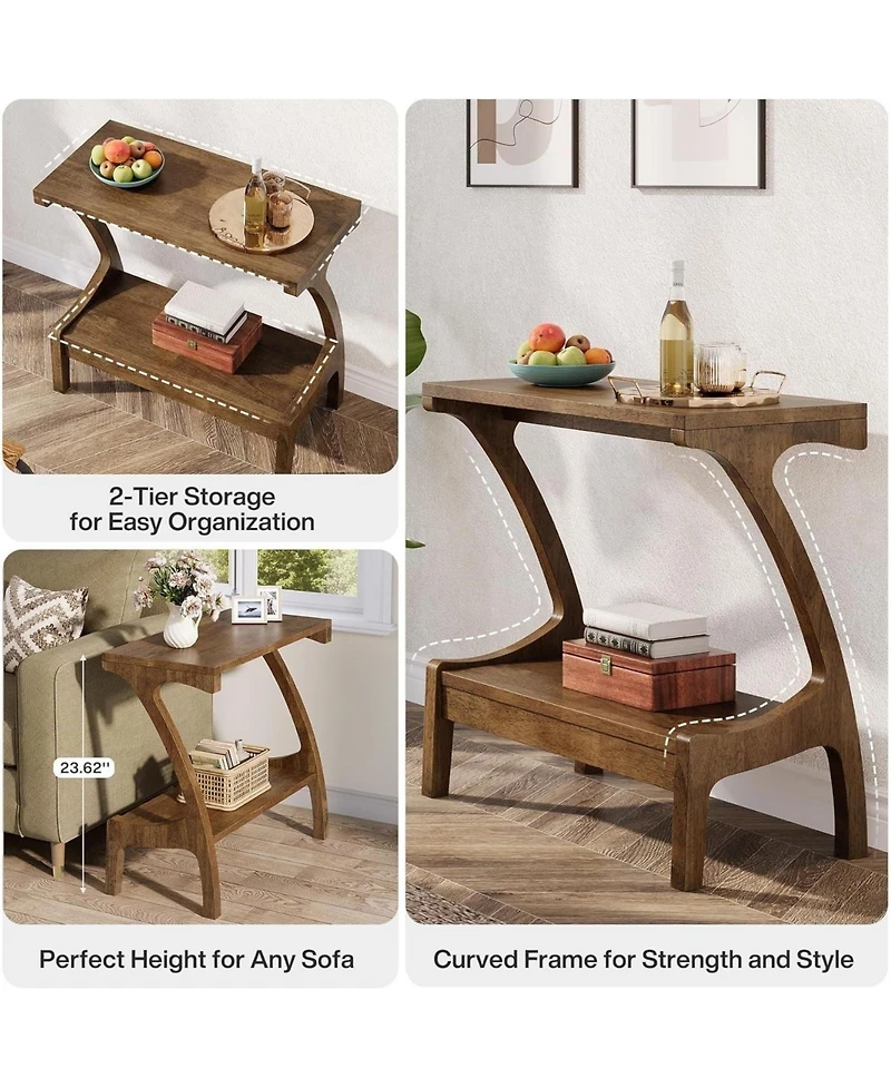Slickblue Narrow Solid Wood Side Table with Open 2 Tier Storage