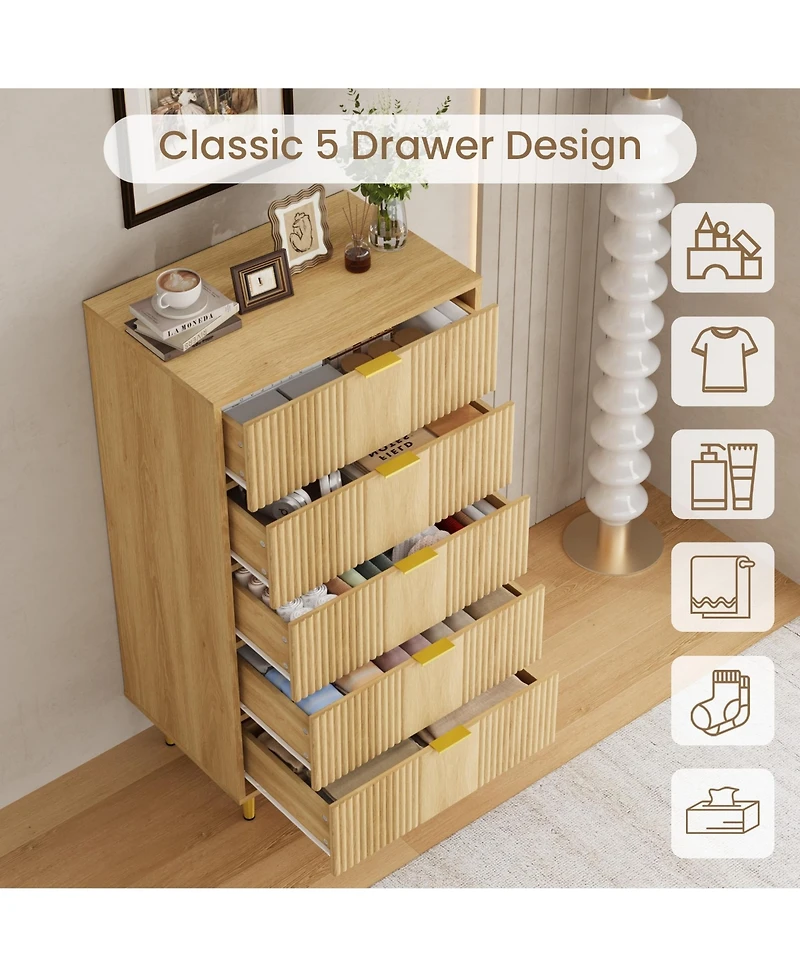 homfan Fluted Dresser with 4/5/6 Drawers, Modern Wood Storage Chest with Metal Handles for Bedroom, Living Room, Hallway, or Entryway