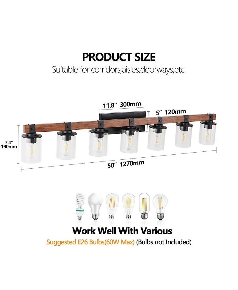 Busdays 50 Inch Rustic 7 Light Vanity Light Industrial Bathroom Wall Sconce with Glass Shades and Wood Accent Modern Farmhouse Lighting No Bulbs