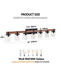 Busdays 50 Inch Rustic 7 Light Vanity Light Industrial Bathroom Wall Sconce with Glass Shades and Wood Accent Modern Farmhouse Lighting No Bulbs