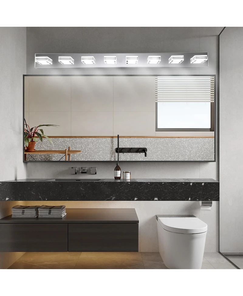 Busdays 52 Inch Modern Chrome 8 Light Led Vanity Light Square Acrylic Lampshades Wall Mount Fixture for Bathroom Mirror Lighting