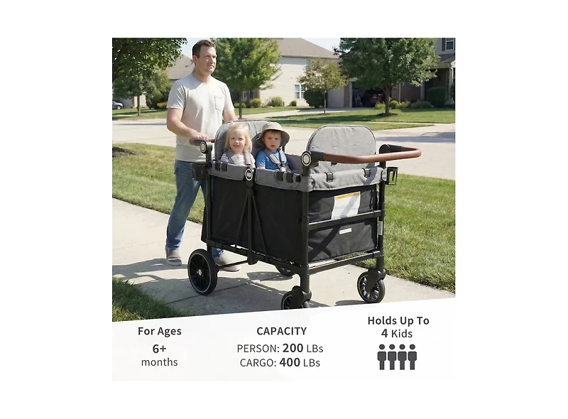 Kinder King Baby All-Terrain 4-Seat Stroller Wagon with Canopy, Shock-Absorbing Wheels, Snack Tray, Storage Bag and Adjustable Handle