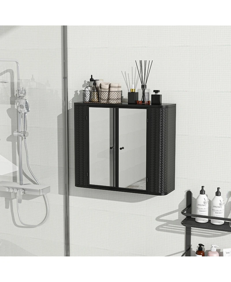 Phying Farmhouse Wall Mounted Mirror Cabinet Metal Frame Storage Organizer with 2 Mirrored Doors and Open Shelf for Bathroom Vanity Over Sink