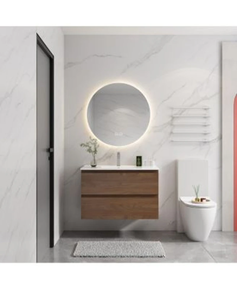 Sillysis 36 Inch Wall Mounted Bathroom Vanity With Ceramic Sink Soft Close Drawers Wood Grain Plywood For Modern Bathrooms