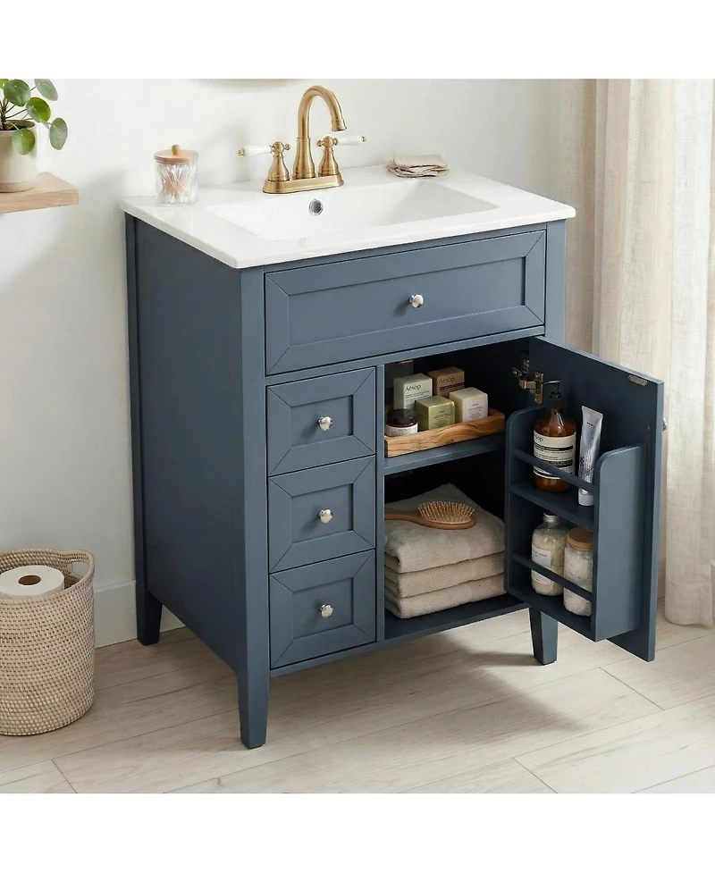 Sillysis 24 Inch Bathroom Vanity with Ceramic Sink, Classic Modern Freestanding Cabinet, Soft Close Drawers for Small Bathrooms