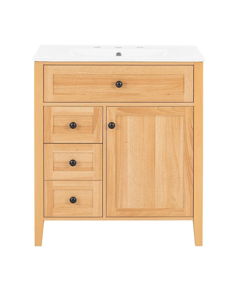 Sillysis 30 Inch Bathroom Vanity with Ceramic Sink, Rustic Wood Grain Cabinet, Soft Close Drawers, Adjustable Storage for Modern Bathrooms
