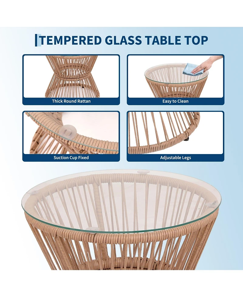 gaomon 3 Piece Outdoor Rattan Patio Bistro Set with Glass Top Table and 2 Chairs, All Weather Patio Furniture for Backyard, Poolside, Porch, Balcony