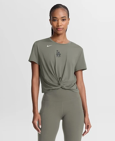 Nike Women's Olive Los Angeles Dodgers One Twist Dri-fit Cropped T-Shirt