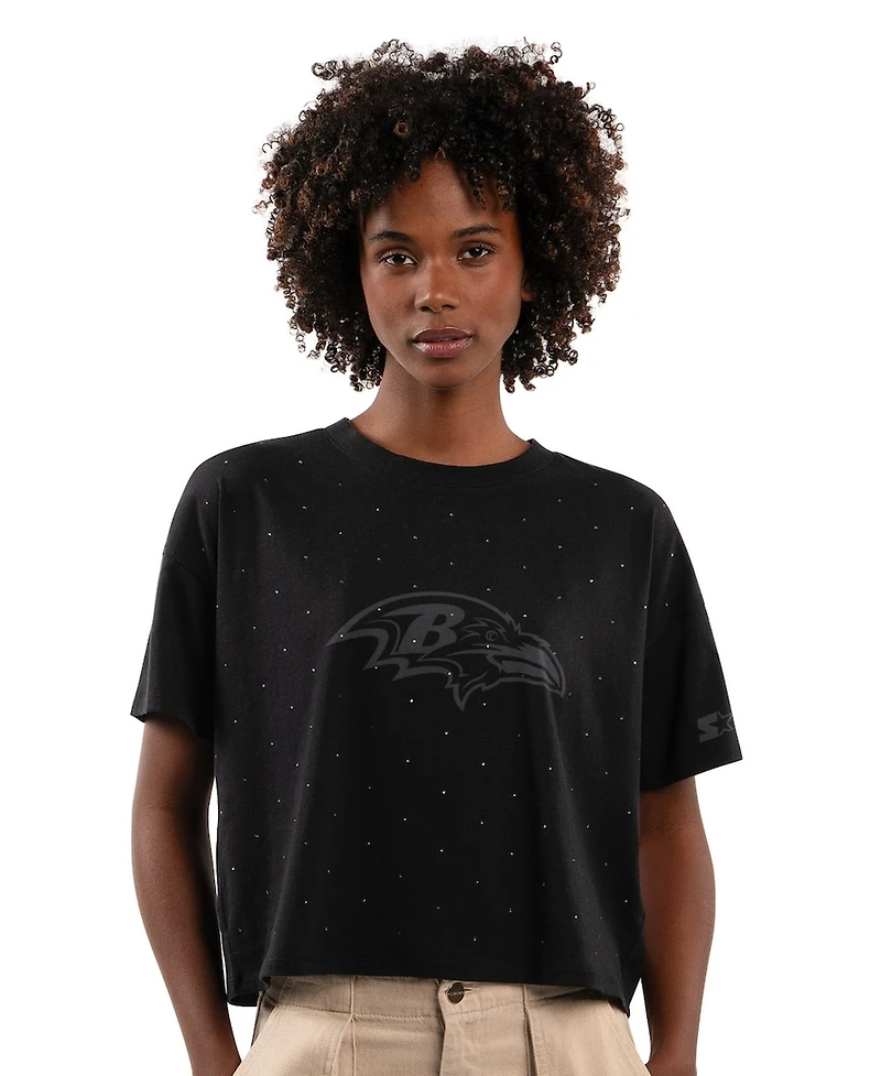 Starter Women's Black Baltimore Ravens Rhinestone Sprinkle Boxy Cropped T-Shirt