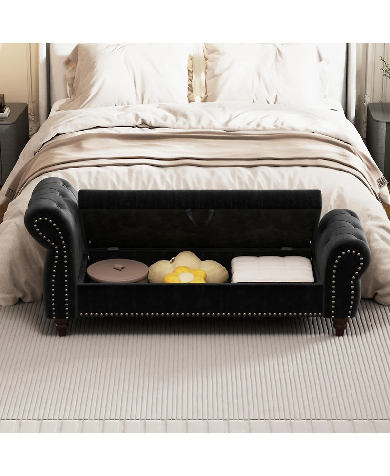 Flynama 64.5 Inch Velvet Tufted Storage Bed Bench with Antique Copper Nailhead Trim, Upholstered Chaise Lounge for Bedroom Living Room