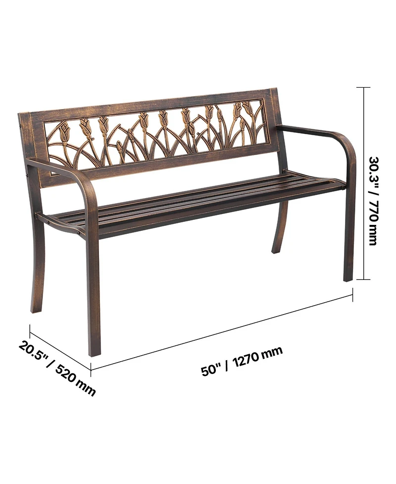 flynama 50" Antique Bronze Outdoor Metal Bench with Pvc Floral Backrest