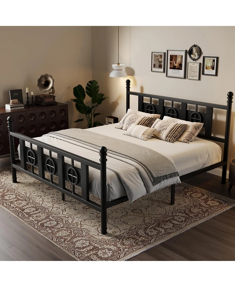 homfan Durable Metal Platform Bed Frame with Retro Circular Design, Headboard and Footboard Included, Underbed Storage Space