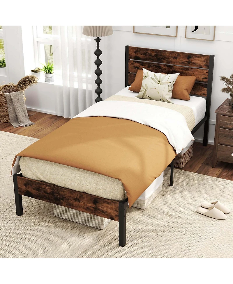 Costway Bed Frame with Tall Industrial Headboard Heavy-Duty Metal Slats Support