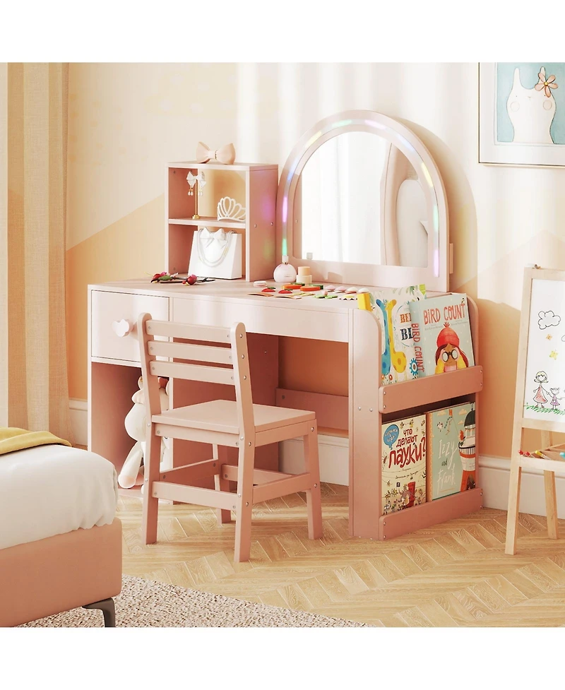 Gymax Kids Vanity Desk with Lights Open Bookshelf Storage Drawer Compartment and Shelves