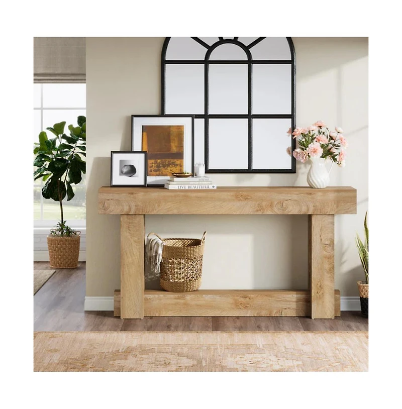 Slickblue 2-Tier Farmhouse Entryway Console Table in Wood Finish for Living Room Storage