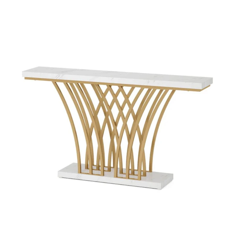 Slickblue Entryway Console Table with Faux Marble Top and Geometric Metal Base Design