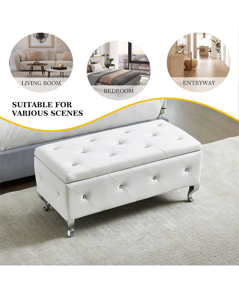 Flynama Faux Leather Storage Ottoman Bench with Crystal Buttons