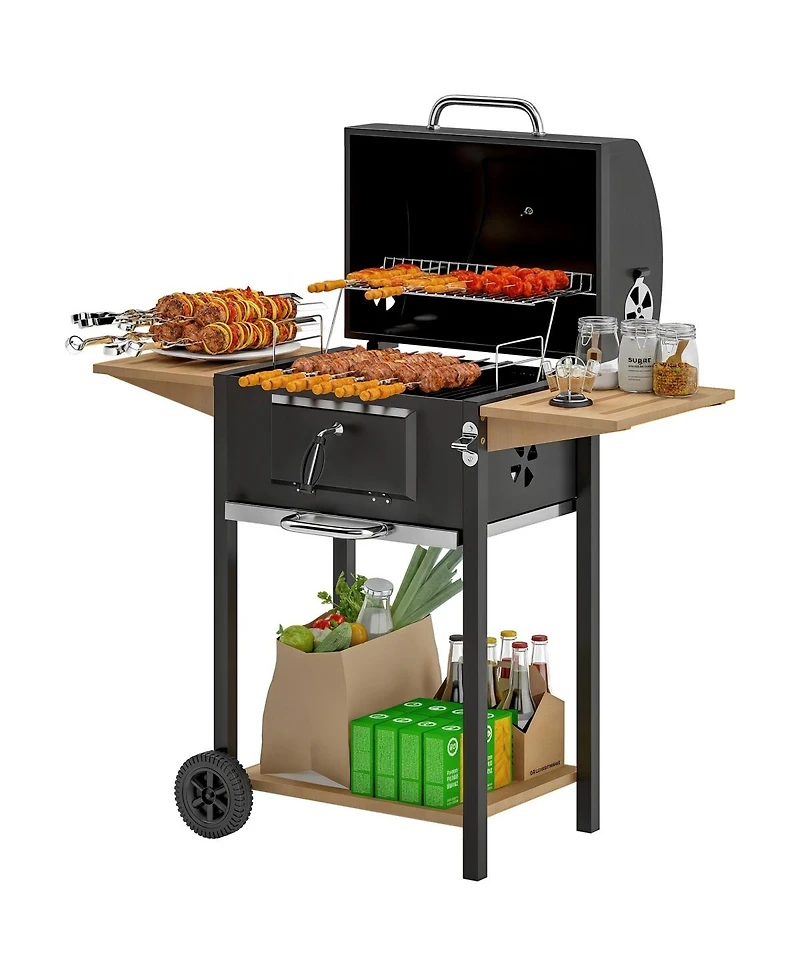 Asagikoiai Large Charcoal Bbq Grill with Thermometer, Wheels and Side Shelves
