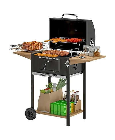 Asagikoiai Large Charcoal Bbq Grill with Thermometer, Wheels and Side Shelves