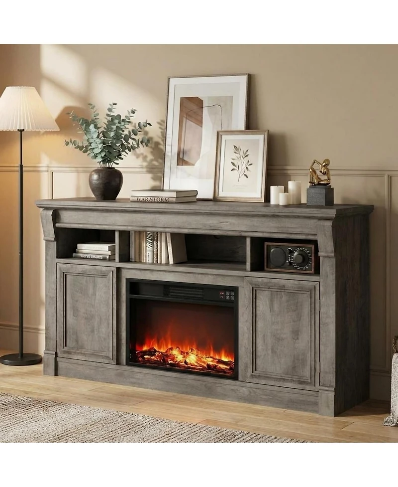 homfan 58" Fireplace Tv Stand for TVs Up to 65, Modern Farmhouse Entertainment Center with 30'' Electric Fireplace, Remote Control Realistic 3D Flame