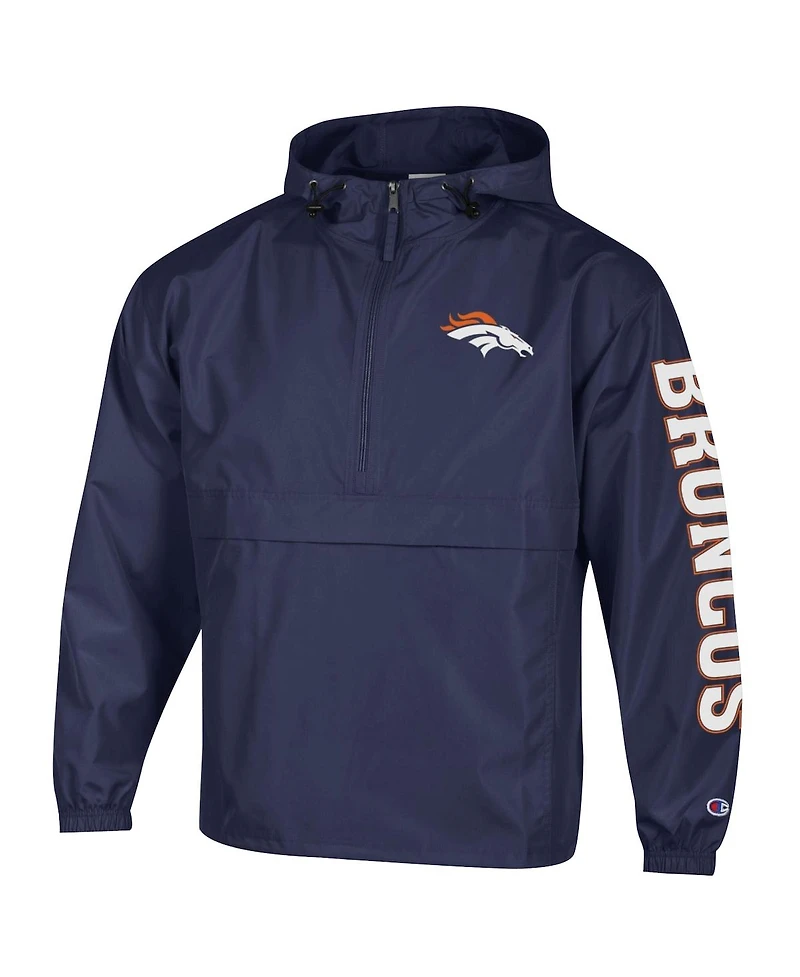 Champion Men's Navy Denver Broncos Packable Hooded Windbreaker Half-Zip Jacket