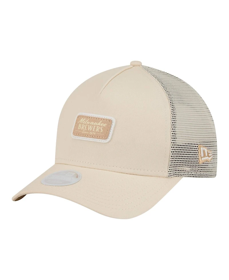 New Era Women's Light Beige Milwaukee Brewers Tonal Patch 9FORTY M-Crown A-Frame Trucker Adjustable Hat