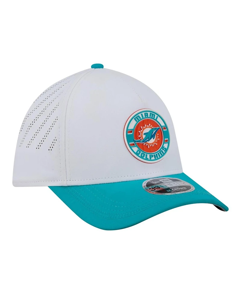 New Era Men's White/Aqua Miami Dolphins Patch 39THIRTY A-Frame M-Crown Perforated Flex Hat
