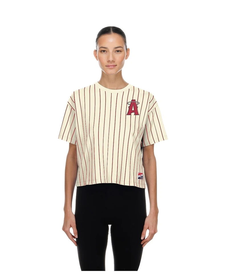 New Era Women's Cream Los Angeles Angels City Connect Throwback Meshback Pinstripe Boxy T-Shirt