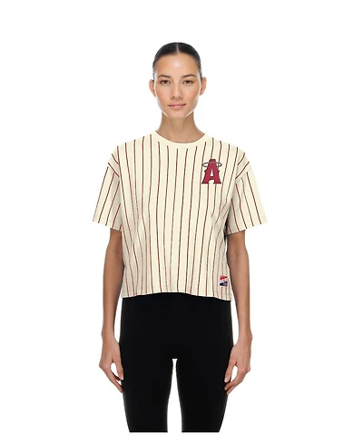 New Era Women's Cream Los Angeles Angels City Connect Throwback Meshback Pinstripe Boxy T-Shirt